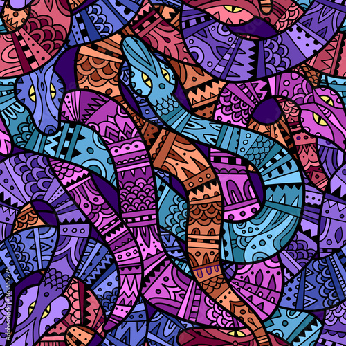 Colorful seamless pattern of snakes with decorative tribal ornament on their skin. Ball of snakes in ethnic style.