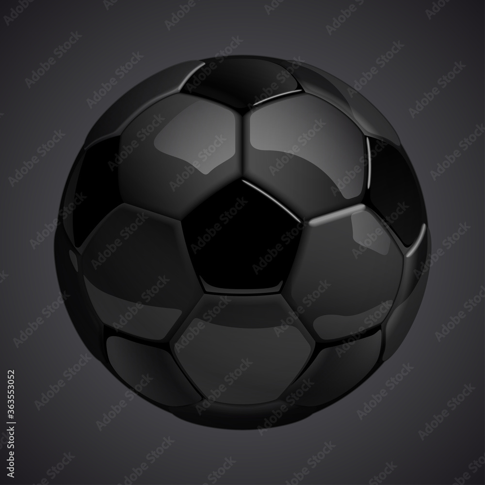 Football championship Design banner. Illustration banner with logo Realistic black glossy soccer ball Isolated on background. black classic leather football ball Football championship Design banner. Illustration banner with logo Realistic black glossy soccer ball Isolated on background. black classic leather football ball