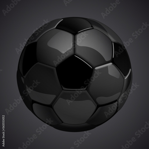 Football championship Design banner. Illustration banner with logo Realistic black glossy soccer ball Isolated on background. black classic leather football ball