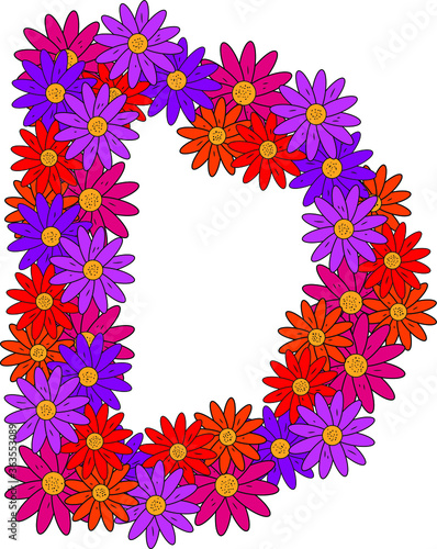 Obraz na płótnie Flower font. The letter D. Many colored flower heads. Inflorescence. Bright petals. Purple, pink, red, orange. Romantic summer lettering w salonie