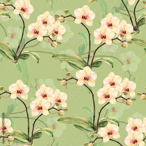 Watercolor seamless pattern bouquet of  orchid on green background.