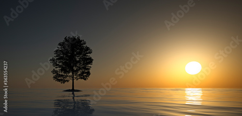 abstract landscape with tree island in the sea in front of sky and sun - 3D Illustration