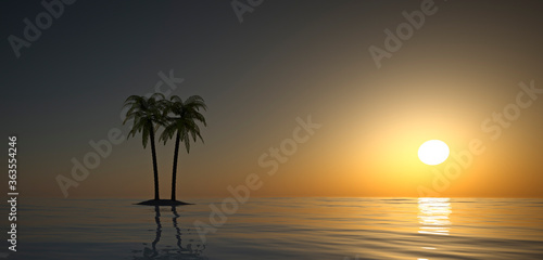 abstract landscape with tree island in the sea in front of sky and sun - 3D Illustration