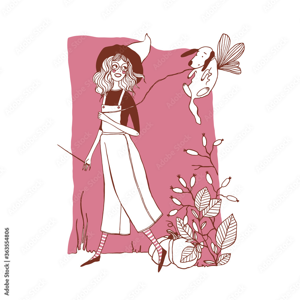 Fototapeta Hand drawn illustration of cute cartoon witch with magic flying dog