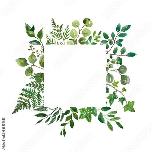Square greenery frame. Watercolor lush green leaves, branches, wild herbs and...