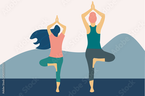Illustration of two women practicing the tree pose of yoga