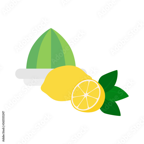 Flat icon lemon squeezer with lemon isolated on white background. Whole lemon and half of lemon. Vector illustration.