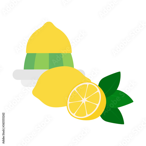 Flat icon lemon squeezer with whole lemon and half of lemon isolated on white background. The half of lemon on squeezer. Vector illustration.