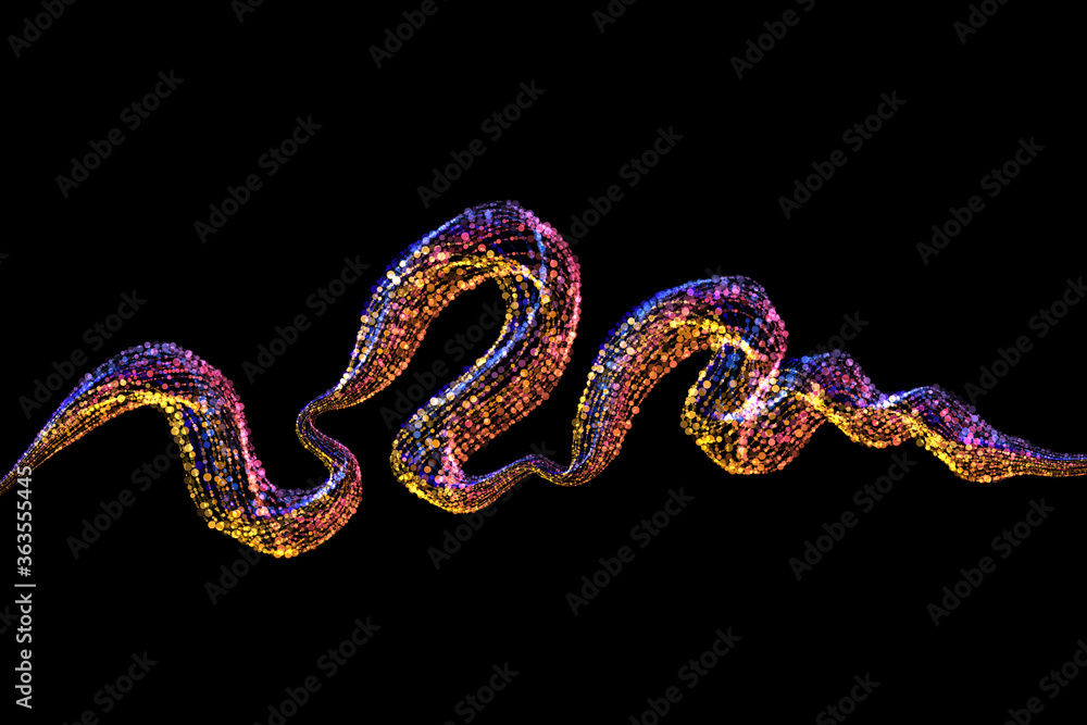 Abstract glowing colorful wavy line composed of particles flying on a black background. Overlay layer for your design