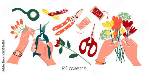 Florist accessories on an isolated background. Bouquet in hand, cutting flowers, scissors, pruning shears, floral ribbon. Wedding bouquet. Background for the site of colors. Stickers, postcard. Vector