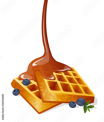 Belgian waffle with maple syrup. Vector illustration.