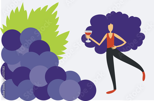 Illustration of woman drinking wine close to a bunch of grapes