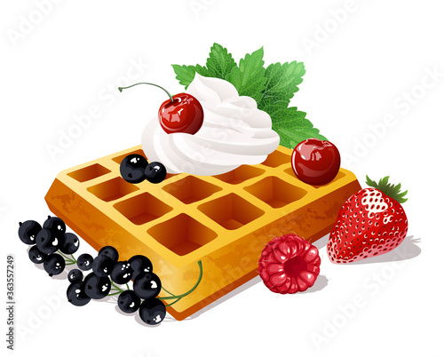 Belgian waffles with whipped cream and fresh berries. Vector illustration.