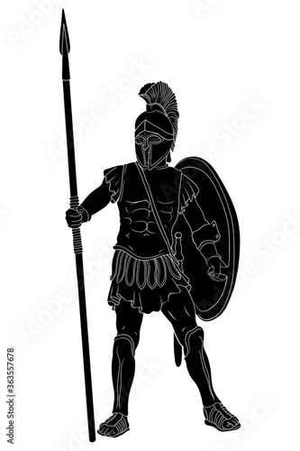 Ancient greek warrior in armor and a helmet with a weapon in hand stands ready for attack and defense isolated on white background.