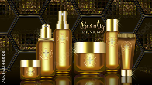 Beauty product ad design, gold cosmetic containers with collagen solution advertising background ready to use, luxury skin care banner, illustration vector.	