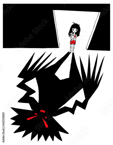 Child is afraid of the dark vector illustration. Kid nightmare.