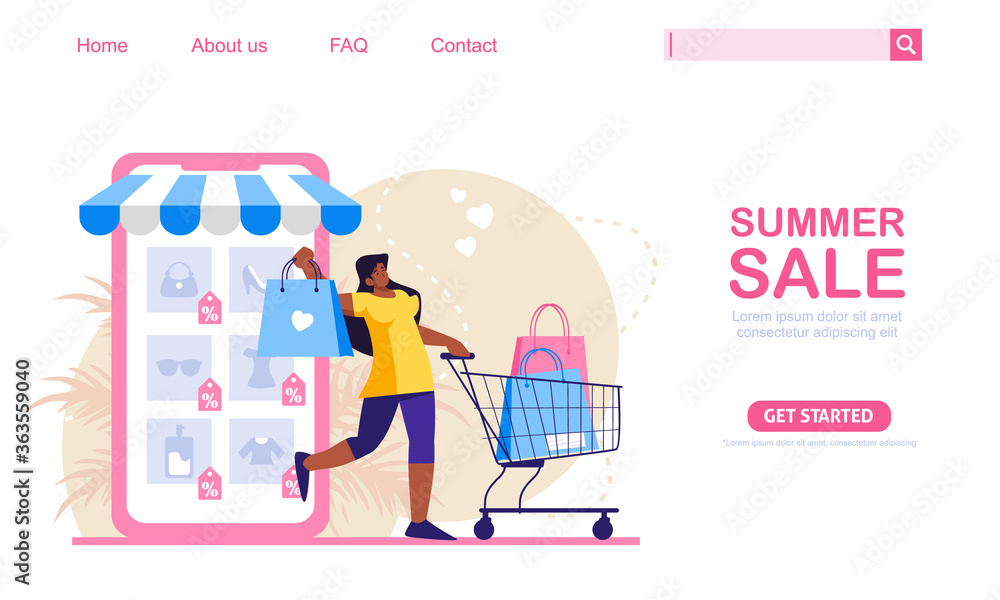 Woman with shopping trolley and bags shop at online store. Mobile phone store at background. Online shopping concept vector illustration, perfect for web design, banner, mobile app, landing page. 