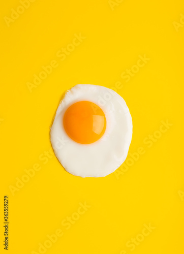 Close up fried egg at yellow background with free space