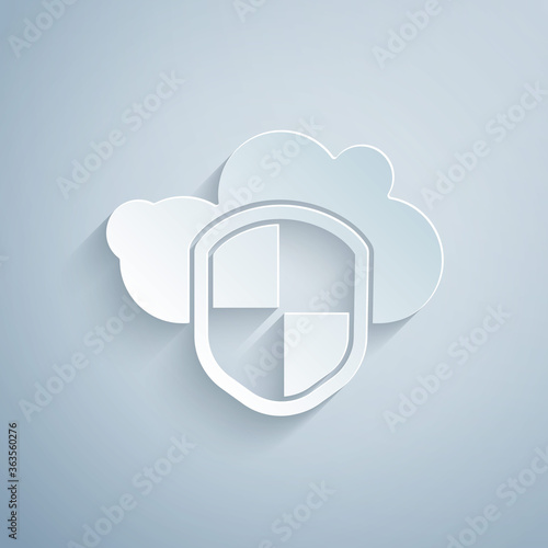 Paper cut Cloud and shield icon isolated on grey background. Cloud storage data protection. Security, safety, protection, privacy concept. Paper art style. Vector Illustration.