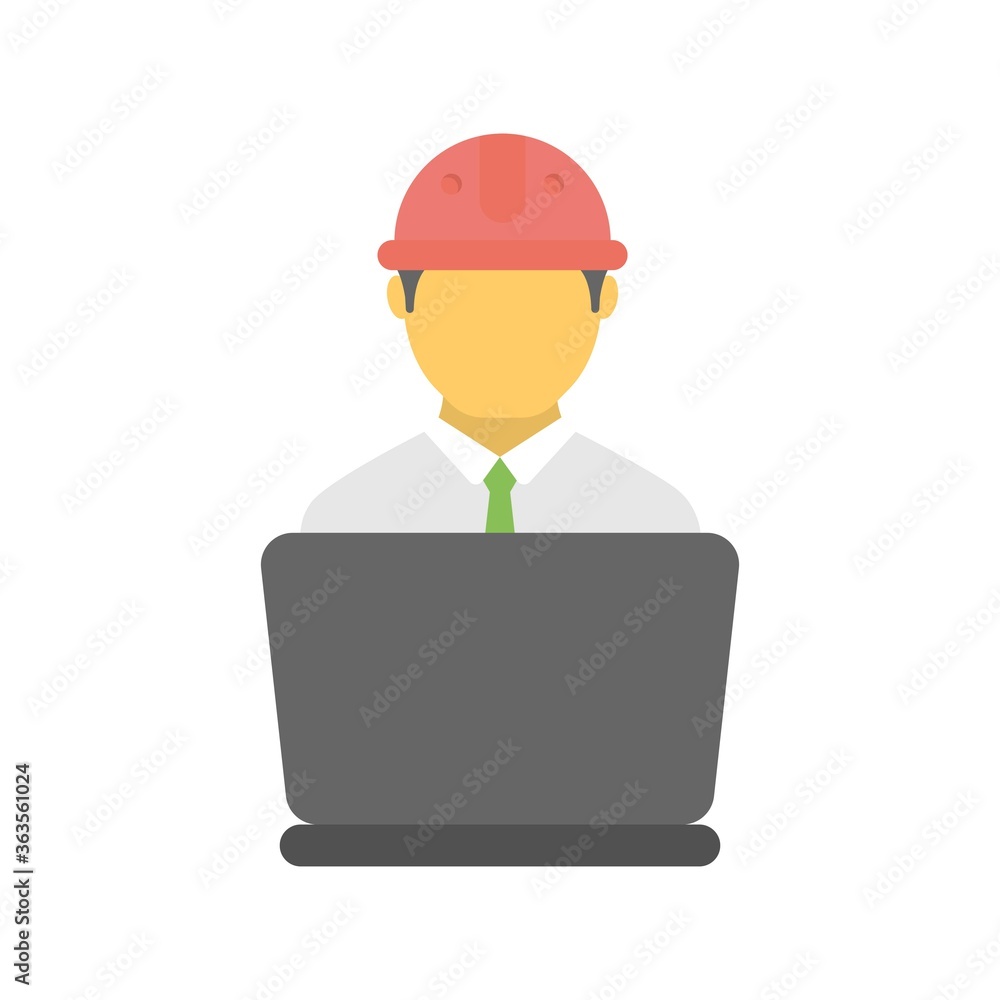 Industrial engineer behind laptop. Construction engineer or architect. Flat icon illustration.