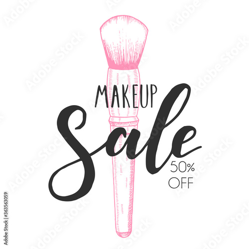 Makeup Sale with Hand drawn make-up brush in sketch style. 50% off Vector makeup illustration with hand made lettering