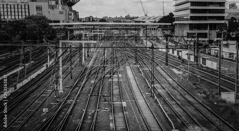 Black and white photograph of railway tracks in Melbourne. 