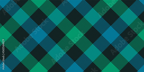 repeatable diagonal pattern of tartan ornament for textile texture blue-green stripes on black background