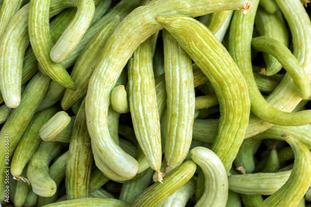 Background of the Armenian cucumbers in the gunny. It is a cucumis melo var. Flexuosus is a type of long, slender fruit which tastes like a cucumber and looks somewhat like a cucumber inside.