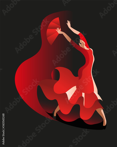 Slender woman in a red dress dancing flamenco dance. Vector illustration in black and red. Vertical poster.