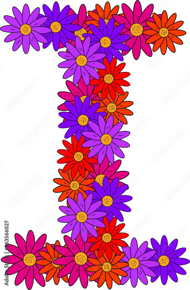 Flower font. The letter I. Many colored flower heads. Inflorescence. Bright petals. Purple, pink, red, orange. Romantic summer lettering