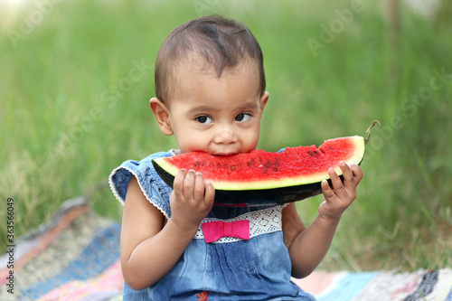 Cute Indian baby girl eating watermelon holding a large peice of melon in her both hands.