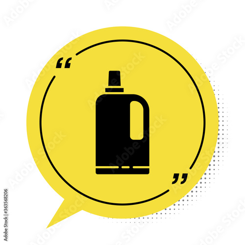 Black Fabric softener icon isolated on white background. Liquid laundry detergent, conditioner, cleaning agent, bleach. Yellow speech bubble symbol. Vector Illustration.