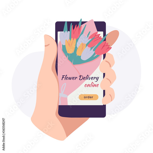 Online flower delivery business. Hands holding smart phone and ordering bouquet. Vector cartoon Illustration