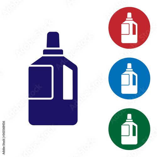 Blue Fabric softener icon isolated on white background. Liquid laundry detergent, conditioner, cleaning agent, bleach. Set icons in color square buttons. Vector Illustration.