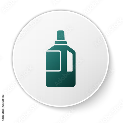 Green Fabric softener icon isolated on white background. Liquid laundry detergent, conditioner, cleaning agent, bleach. White circle button. Vector Illustration.