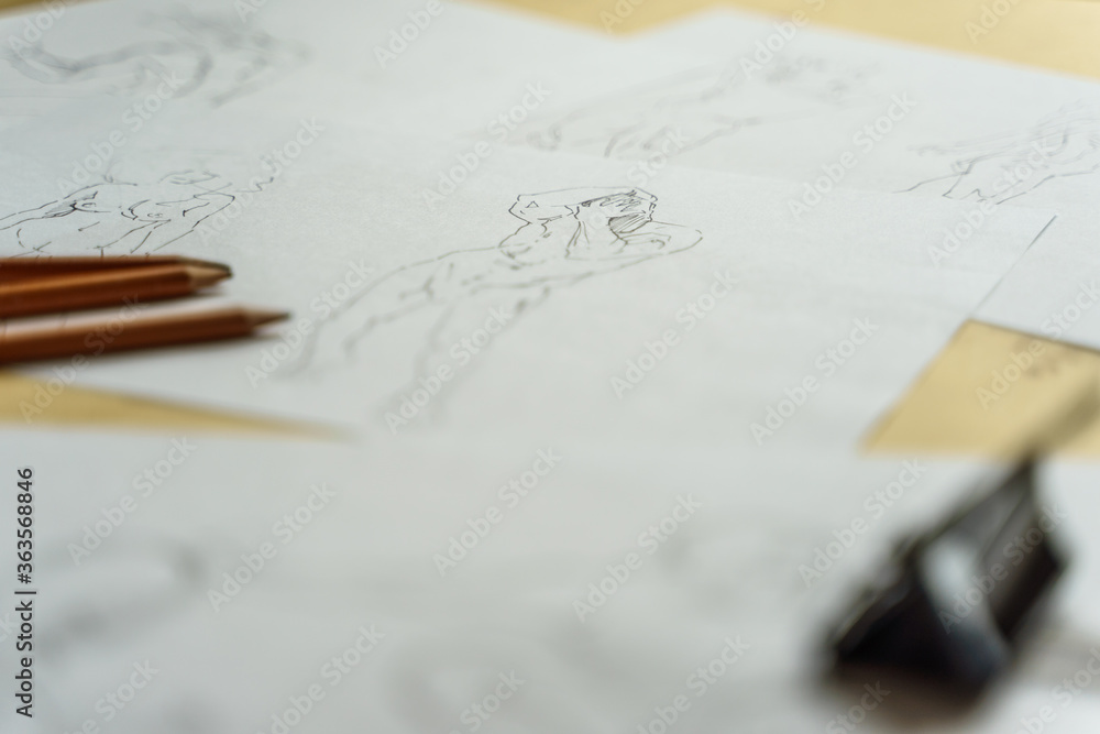 How to draw. The artist worskspace with pencils on the white paper, art, craft, creativity, inspiration, concepts How to draw. The artist worskspace with pencils on the white paper, art, craft, creativity, inspiration, concepts
