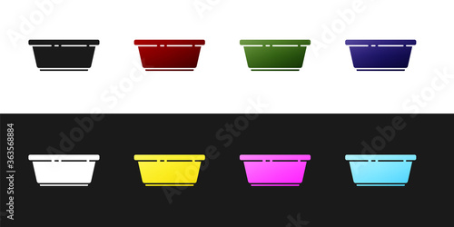 Set Plastic basin icon isolated on black and white background. Bowl with water. Washing clothes, cleaning equipment. Vector Illustration.