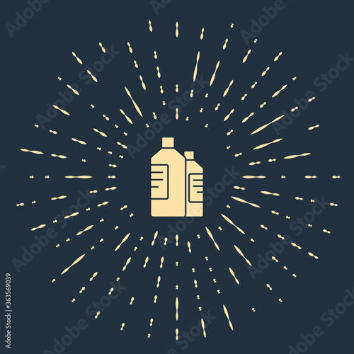 Beige Plastic bottles for laundry detergent, bleach, dishwashing liquid or another cleaning agent icon isolated on blue background. Abstract circle random dots. Vector Illustration.