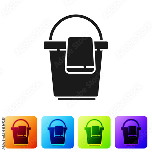 Black Bucket with rag icon isolated on white background. Cleaning service concept. Set icons in color square buttons. Vector Illustration.