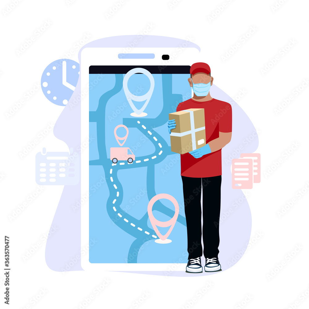 Courier in medical mask and gloves delivers the package. Quarantine. Social distance. Vector illustration. Courier in medical mask and gloves delivers the package. Quarantine. Social distance. Vector illustration.
