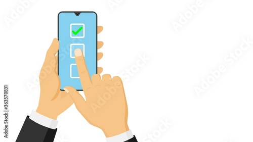 Hand clicking green check in a square checkbox on flat smartphone screen. Symbolizing right. Business concepts animation.