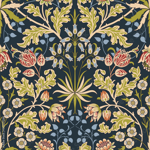 Vintage flowers and foliage seamless ornament on dark background. Vector illustration. photo