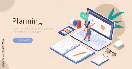 Woman Planing and Putting Check Mark on Laptop Screen. Office Desk with Planners, Organizers, Notebooks. Planning, Personal Organizer and Time Management Concept. Flat Isometric Vector Illustration.