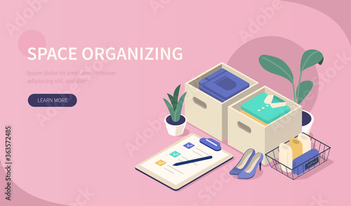 Folded Clothes and Accessories in Boxes, Drawers and Metal Basket. Room Cleaning, Sorting Stuff and Tidying Clothes in Wardrobe. Home Organizing Concept. Flat Isometric Vector Illustration.