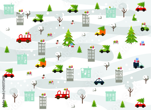 Christmas illustration with a map of the winter city. Vector illustration with houses, roads, trees, christmas trees, cars in a flat style