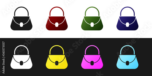 Set Handbag icon isolated on black and white background. Female handbag sign. Glamour casual baggage symbol. Vector Illustration.