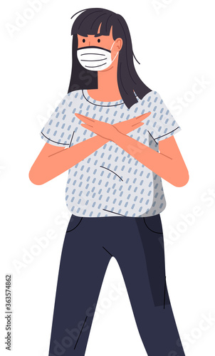 Isolated portrait of woman wearing face medical mask show crossed hands, stop gesture at white background. Viral pandemic, stop spreading viral infection. Cartoon character in vector style protesting