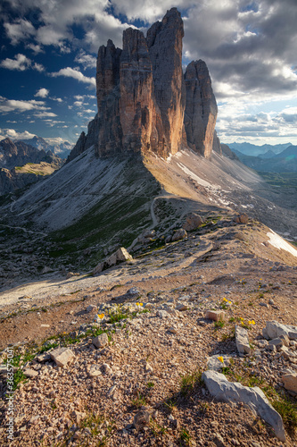 Obraz na płótnie Three Peaks of Lavaredo. Image of Italian Dolomites with famous Three Peaks of Lavaredo (Tre Cime di Lavaredo) South Tyrol, Italy, Europe at summer sunset. w salonie