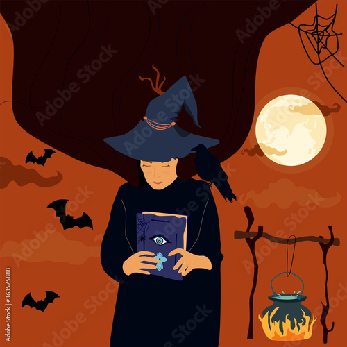 Halloween scary night, The witch holds a magic spell book,conjures. Potion poison boils in a cauldron,hangs on dry branches over a bonfire. Day of the dead.Full moon,dark bats,cobwebs,black raven sits