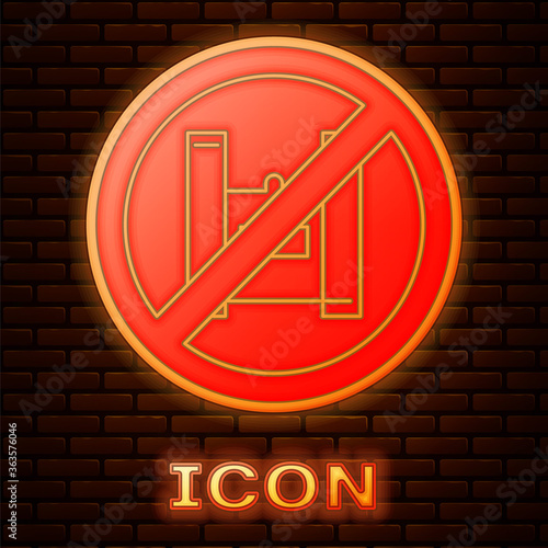 Glowing neon Say no to plastic bags poster icon isolated on brick wall background. Disposable cellophane and polythene package prohibition sign. Vector Illustration.